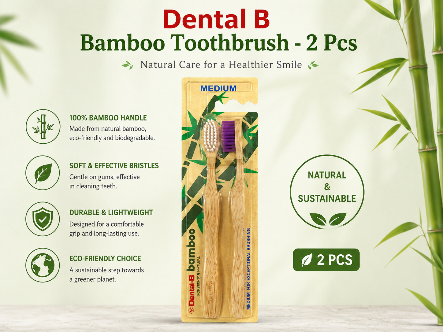 Dental B Bamboo Toothbrush - 2 Pcs