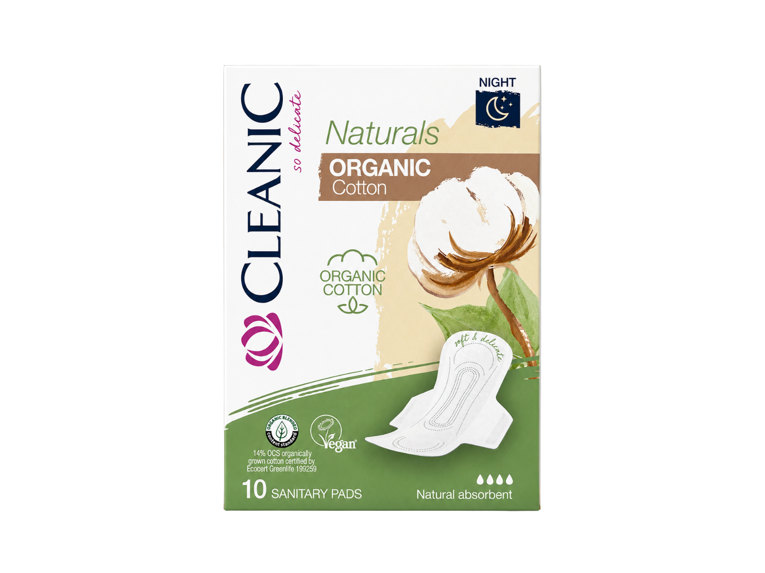 Cleanic Organic Cotton Night Sanitary Pads 10s